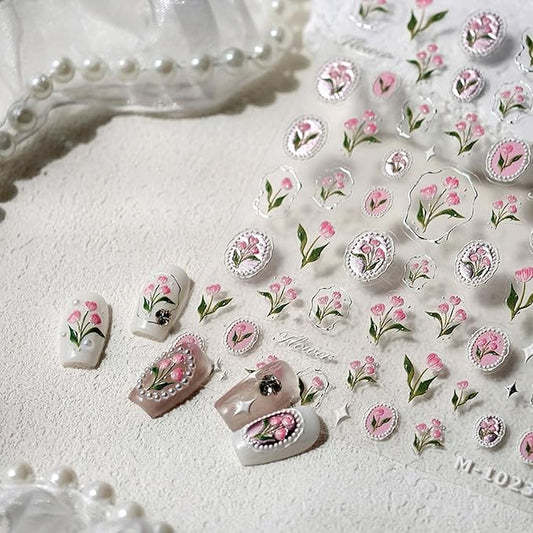 1Pcs Tulip Nail Art Stickers 5D Embossed Flower Nails Decals Silver Hot Stamping Irregular Geometric Frames Design Pink Flower Nail Stickers Self Adhesive Floral Nails Supplies for Women Manicure