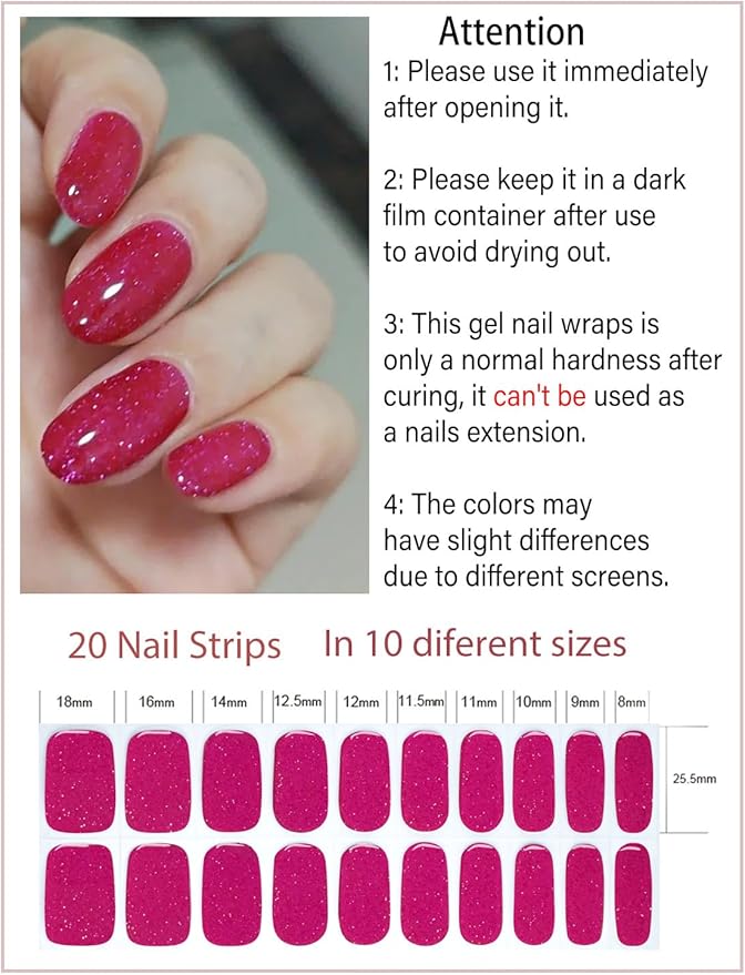 Semi Cured Gel Nail Strips, 20pcs Berry Pink, Glitter Gel Nail Stickers UV for Home Nails DIY