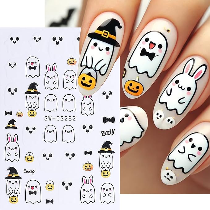 Halloween Nail Art Stickers, Cute Cartoon Ghost Nail Art Decals 3D Self-Adhesive Spider Bat Pumpkin Skull Flowers Nail Design 4Pcs Halloween Nail Art Supplies for Women Nail Decoration