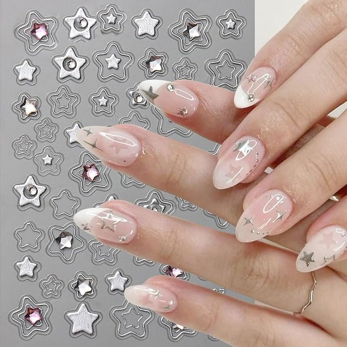 Heart Star Nail Art Stickers Decals, Gold Silver Nail Stickers,Shiny Hollow Love Stars with Diamond Nail Sticker 3D Kawaii DIY Crafts Acrylic Nails Decor for Women Nail Art Supplies 4PCS