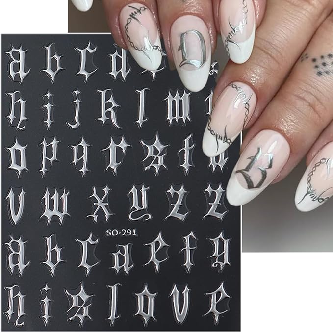 Retro English Letters Nail Stickers 3D Self Adhesive Old English Nail Art Stickers Black White Gold Silver Nails Design Decals Old Alphabet Nail Decorations for Women DIY Nails Supplies 8Sheets