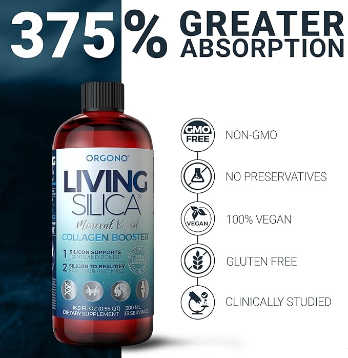 Orgono Living Silica Collagen Booster | Vegan Mineral-Based Silica Supplement | Supports Healthy Collagen & Elastin Production for Joint & Bone Support, Glowing Skin, Strong Hair & Nails | 16.9 Fl Oz