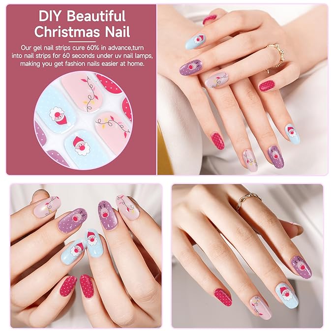 Semi Cured Gel Nail Strips,28 pcs Christmas Nail Stickers for Women,Long Lasting Gel Strips with Any UV Light,Santa Sticker for Nails Easy to Apply