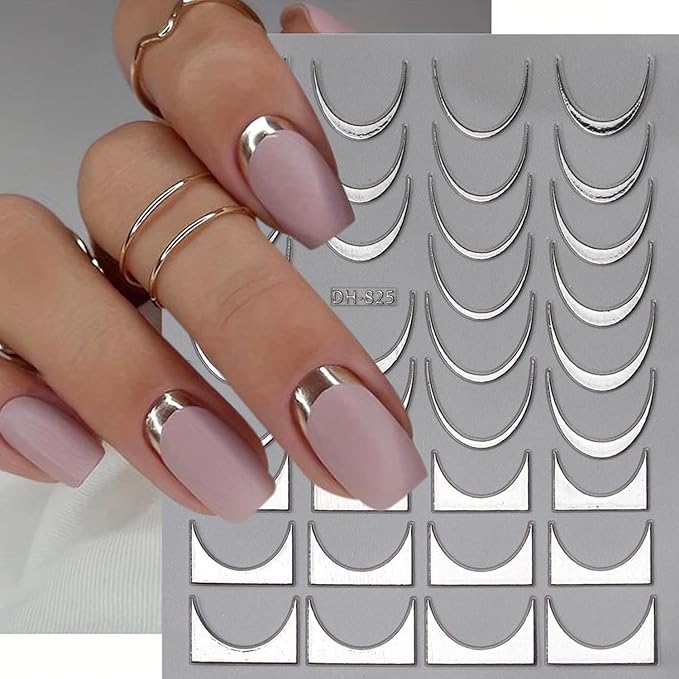 French Line Nail Art Stickers Decals, 4Pcs Gold Silver French Nail Decals 3D Metal Curve Stripe Wave Lines Nail Design French Nail Supplies for Nails Adhesive Sticker Slider DIY Manicure Accessories