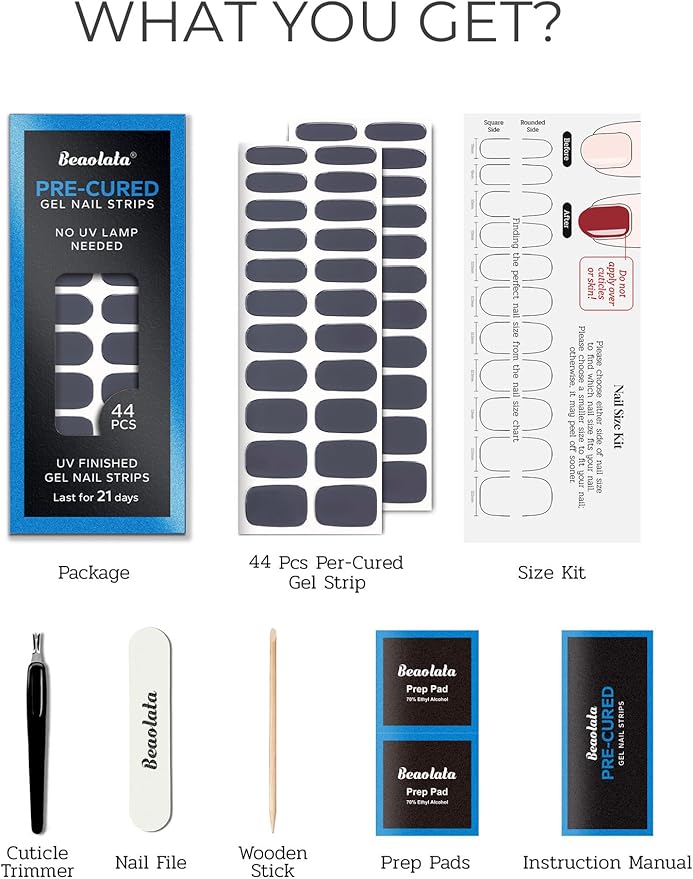 Pre Cured Gel Nail Strips - 44PCS Salon Quality Gel Nail Stickers - Long Lasting Polish Wraps for Women no UV Light Needed Easy Apply& Remove (Midnight blue）