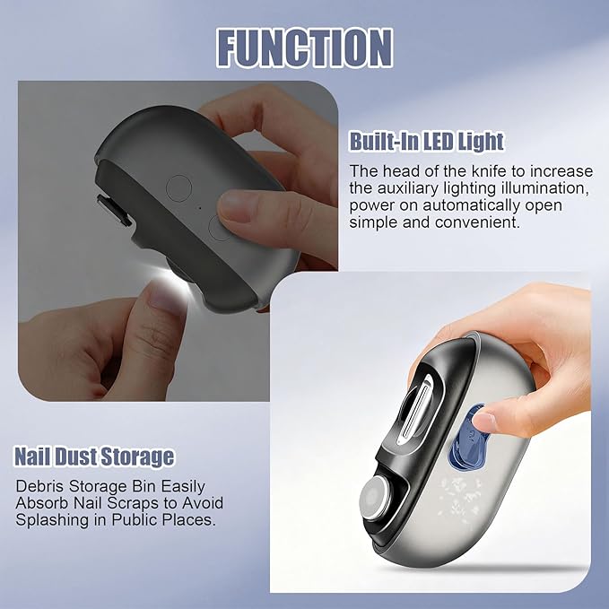 Easy Clip Nail Clippers, Electric Nail Clipper, Easyclip Smart Nail Clipper with LED Light & Nail Scraps Storage, Painless Toe & Fingernail Trimmer for Seniors, Adults and Kids (Grey)