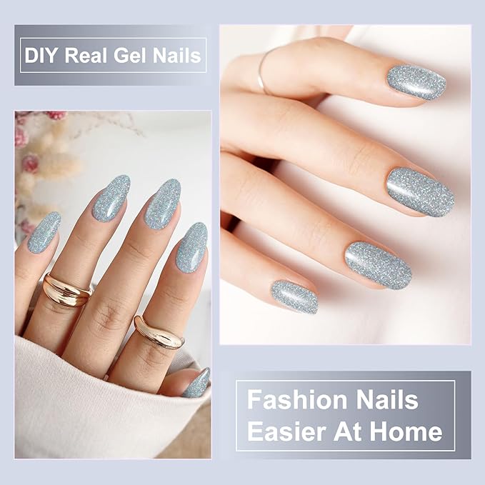 Semi Cured Gel Nail Strips,28 PCS Nail Art Stickers(Shiny Silver),Gel Stickers for Nails UV Light, Nail Polish Strips Includes Prep Pads, Nail File & Wood Stick