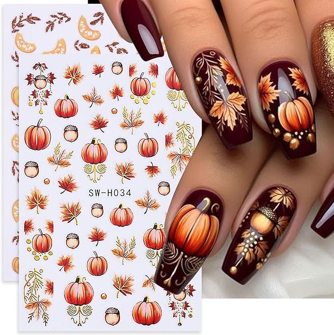Fall Nail Stickers for Nail Art 3D Thanksgiving Pumpkins Autumn Fruit, Maple Leaf, Fallen Leaves Adhesive Nail Stickers for Women Nail Decoration Holiday DIY Cute Pumpkin Manicure Supplies 4 Sheets