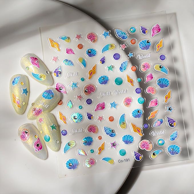 Summer Nail Stickers Shell Starfish Nail Art Stickers 5D Embossed Nail Decals Blue Ocean Theme with Pearl Design Cute Nails Supplies for Women