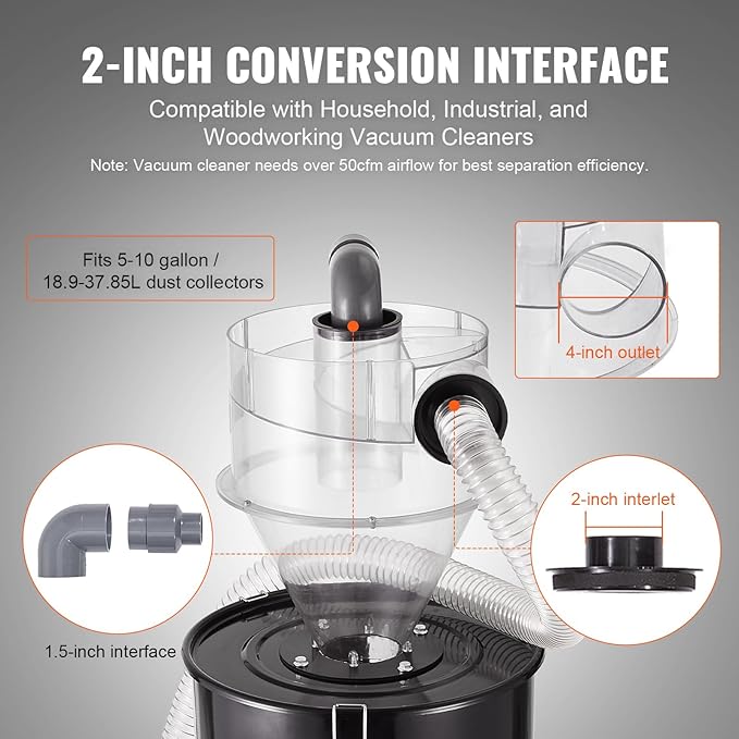 VEVOR Cyclone Dust Separator, 4" Retrofit Cyclone Separator for Dust Collectors, ABS Material With 2" Hole O.D. Connector & Hose for Wet/Dry Shop Vacuums, Fits 5-10 Gallon Tank (Tank Exclude)