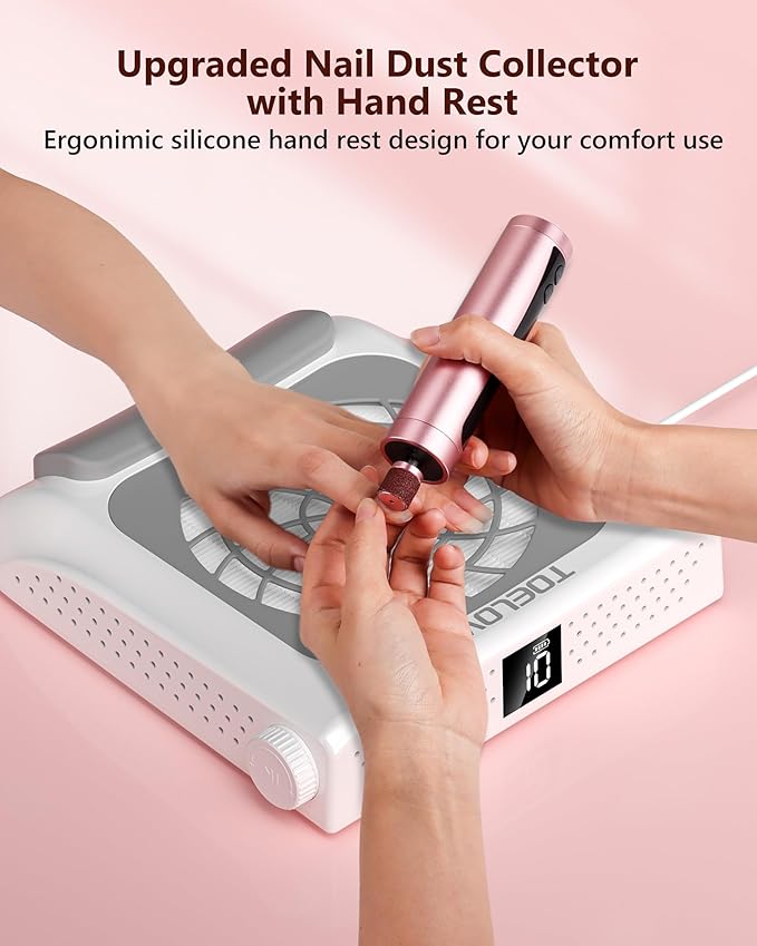 Upgraded Nail Dust Collector with Hand Rest, 10 Speeds, Reusable Filter, Quiet & Rechargeable, Professional Nail Fan Dust Tech Machine for Acrylic Gel Nails Polishing, Salon & Home, White