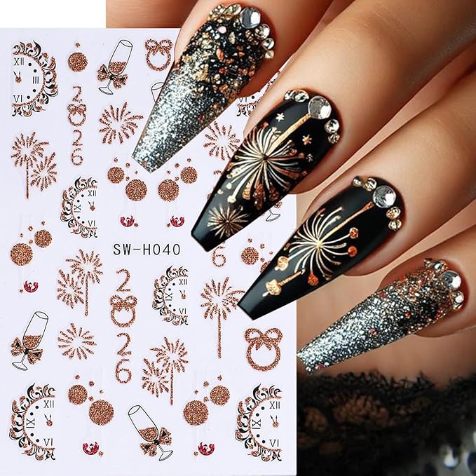 Christmas Nail Art Stickers Fireworks Clock Nail Stickers 6PCS Gold Glitter Lantern Ball Champagne Tree 2026 Design 3D Self-Adhesive Xmas Nail Decals Manicure Supply for New Year Nail Art Decorations