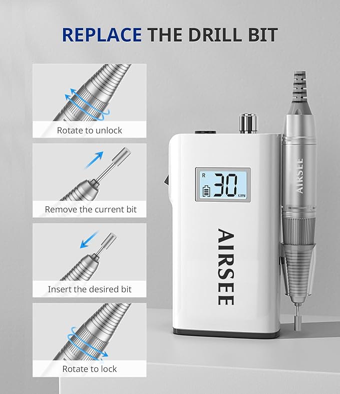 AIRSEE Rechargeable 30000RPM Electric Nail Drill Professional Portable E File Machine for Acrylic Nail Natural Extension Gel Nails Polish Cuticle, Cordless High Speed for Salon Home Use E8 White