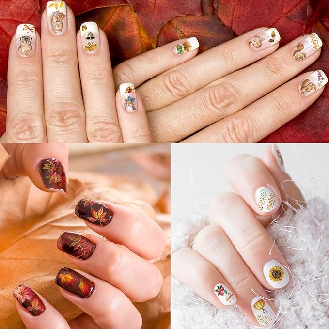 1000+ Patterns Autumn Nail Art Decals Fall 3D Nail Self-Adhesive Stickers Harvest Pumpkin Maple Leaves Sunflower Squirrel for Women Girls Kids DIY Nail Design Manicure Thanksgiving Day