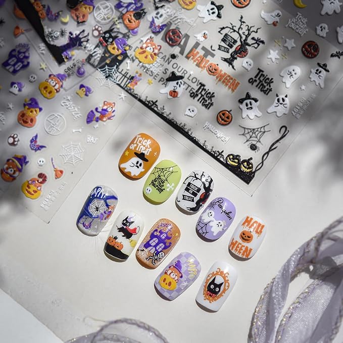 1Sheet Embossed 5D Halloween Nail Stickers Cute Ghost Pumpkin Nail Decals Self-Adhesive Halloween Spider Web Bats Nail Supplies Pegatinas Uñas Spider Nails Design for Women DIY Manicure Decoration