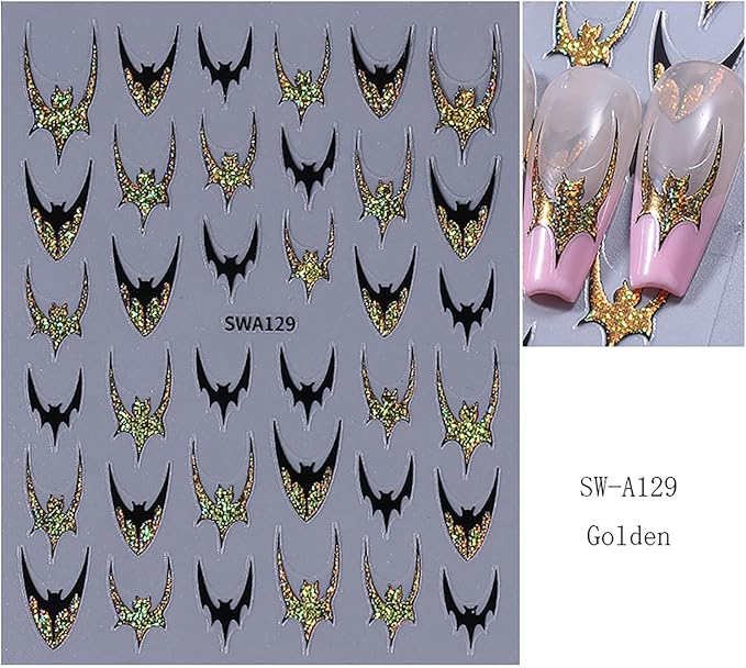 Bat Nail Stickers Halloween Glitter Nail Decals 4PCS 3D Self-Adhesive Silver Golden Bat Design Holiday Accessories Slider Halloween Nail Art Supplies for Women Nail Decorations Charms French Manicure