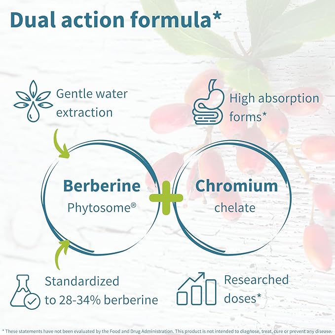 Igennus Dual Action Berberine Phytosome 550mg & Chromium Picolinate, 10x Absorption, Blood Glucose Control, Standardized Berberis Extract Supplement, Clean Label, Vegan, 60 Capsules