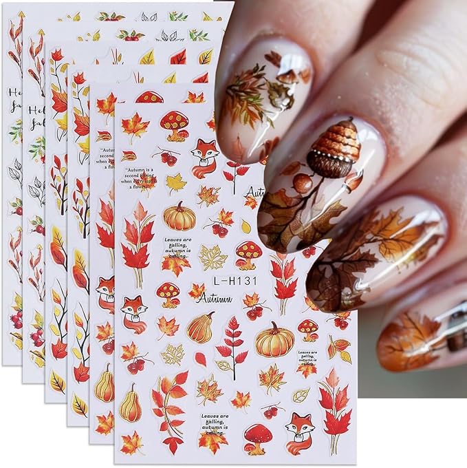 Fall Nail Art Stickers Autumn Maple Leaf Nail Decals 6PCS Fallen Leaf Pumpkins Foxes Pinecone Fall Nails Design Adhesive Stickers Nail Art Supplies for Thanksgiving Day Women Manicure Nail Decorations