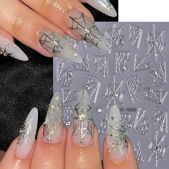 Spider Web Nail Stickers Halloween Nail Sticker for Nail Art 3D Self Adhesive Nail Decals Star Heart Water Drop Flame Design Spider Nail Art Stickers for Women DIY Salon Manicure 6 Sheet