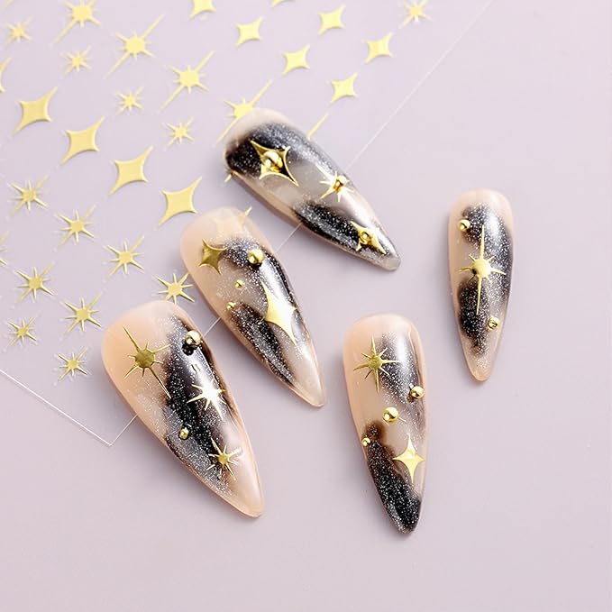 12 Sheets Star Nail Stickers Black White Nail Decals Gold Silvery Stars Design Nail Art Stickers 3D Self-Adhesive Manicure DIY for Women Acrylic Nails Supplies