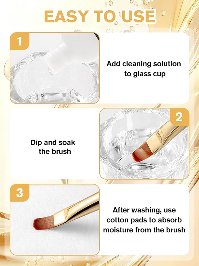 EBANKU 120ml Acrylic Nail Brush Cleaner, 3 in 1 Nail Art Brushes Conditioner Nail Brush Clean Solution Quickly Clean With Glass Cup and 100 Pcs Cleansing Pad for Solid Gel Polish/Nail Extension Gel