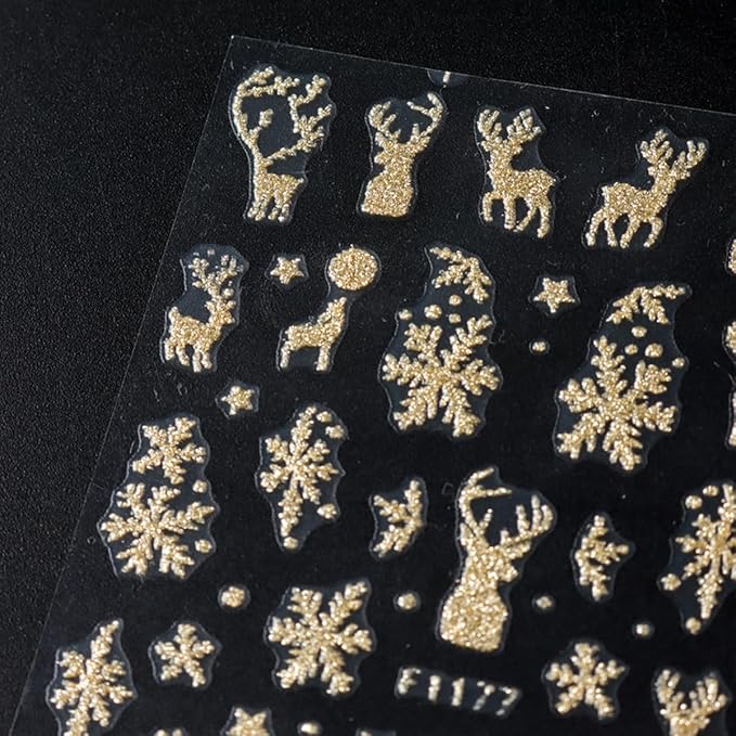 Christmas Nail Art Stickers Decals Gold Glitter Snowflake Snowy Tree Nail Decals 6PCS Snowflakes Deer Snowman Bell Leaf Christmas Nails Design Adhesive Stickers Manicure Nail Art Supplies for Women