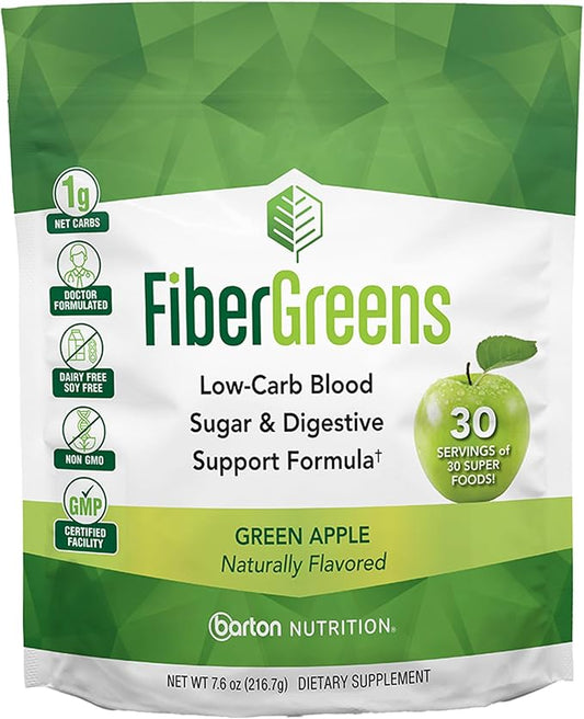 Green Apple Fiber Greens - Low-Carb Probiotics for Gut Health - Blood Function Support - Naturally Flavored Probiotic Formula with 30 Superfoods - Protects Heart Health, 30 Servings