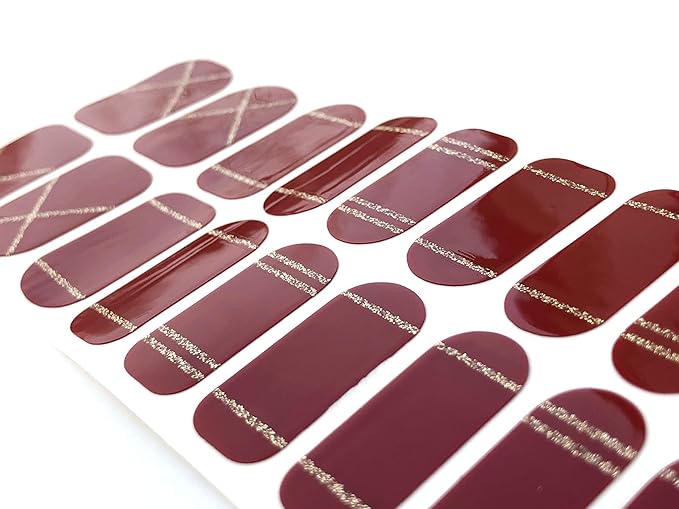 | 20 Exquisite Gel Nail Polish Strips w/Application Accessories - No UV/LED Lamp Required (Holiday | Burgundy & Gold Lines)