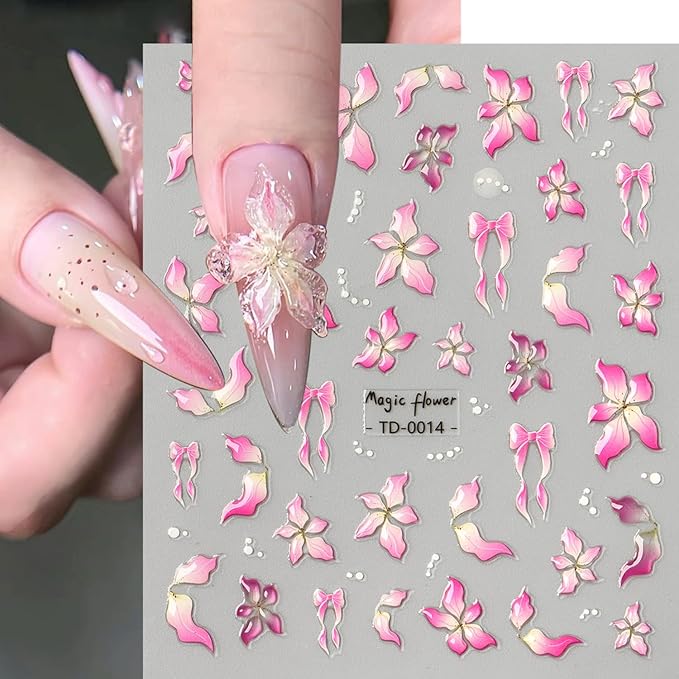 Flowers Nail Art Sticker- 5D Embossed Lily Flower Nail Decals Spring Colored Orchid Floral Petals Nail Design Hibiscus Flower Adhesive Gel Slider Nail Charms Summer Decor DIY Manicure Accessories 6PCS