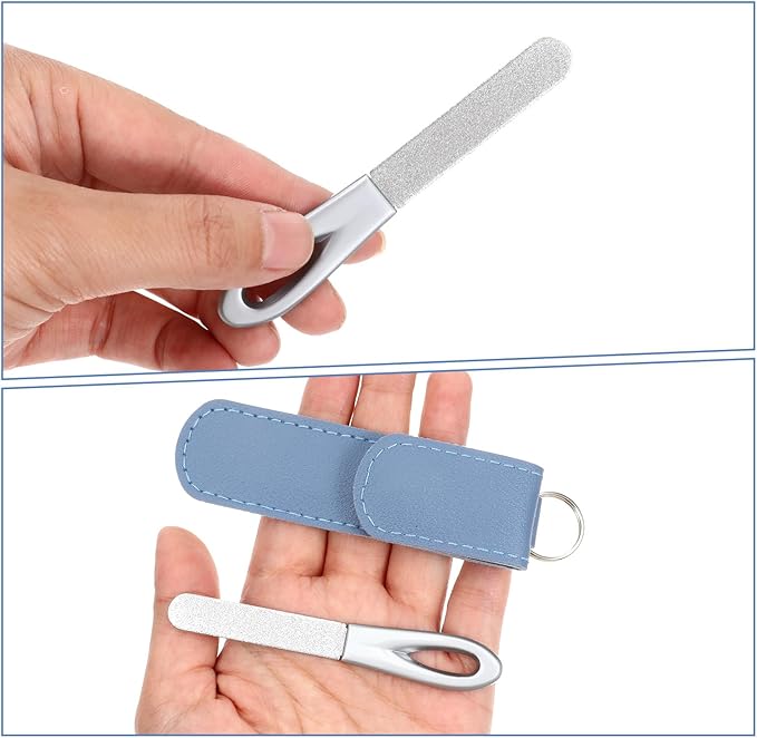 2 Pack Metal Nail File with Case, 3.6 in Travel Keychain Nail File for Natural Nails, Metal Diamond Double Sided Grit Nail Toenail Files with Leather Cases for Women Men