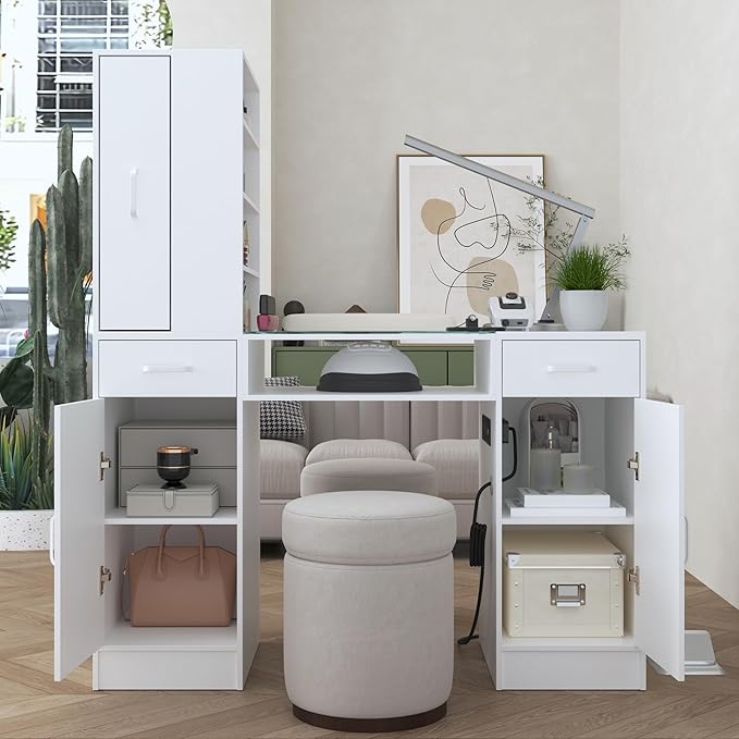 Manicure Table Nail Desk for Nail Tech with Glass Top & Wrist Rest,Nail Desk Station with Power Outlets,Shelves, Storage Cabinets, Drawers,Beauty Salon Workstation(White)