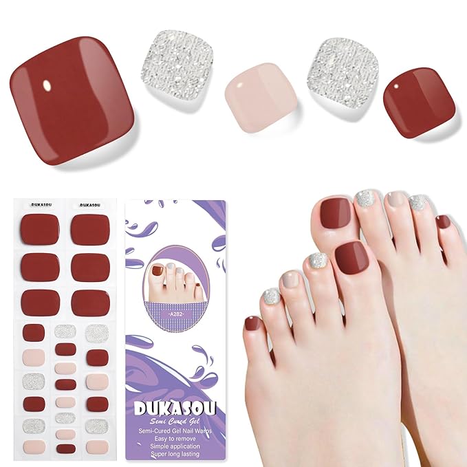Semi Cured Gel Toe Nail Strips,26 Pcs Toes Nail Stickers Wraps(Shiny Brown),UV Light Required,Easy to Apply