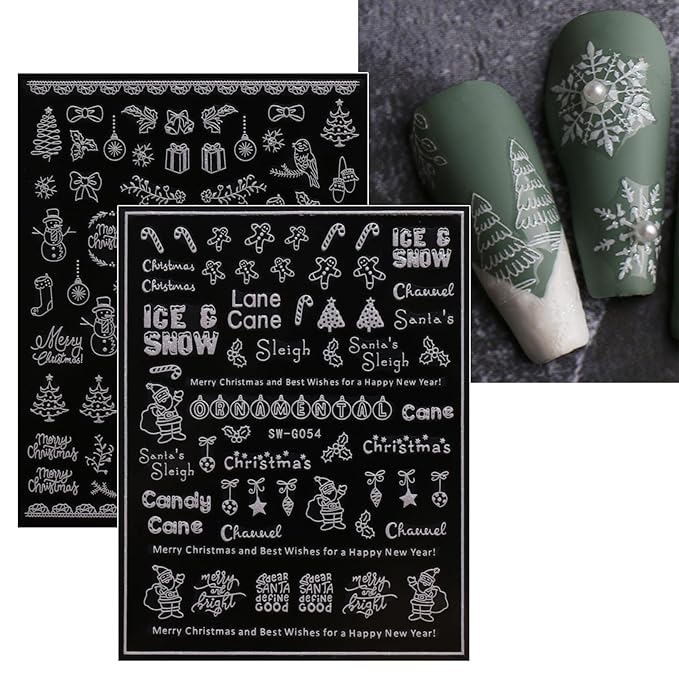 JMEOWIO 9 Sheets Christmas Glitter Nail Art Stickers Decals Self-Adhesive Snowflake Winter Holiday White Nail Supplies Nail Art Design Decoration Accessories