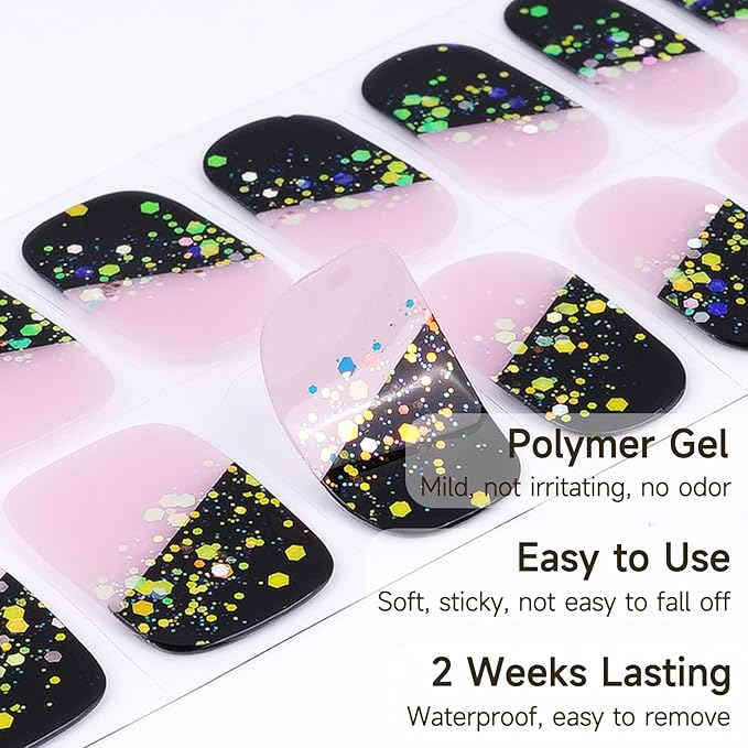 Semi Cured Gel Nail Strips | 28 pcs Black French Gel Nail Stickers Work with Any UV Lamps, Long Lasting Nails Wraps for Women DIY Nails Art