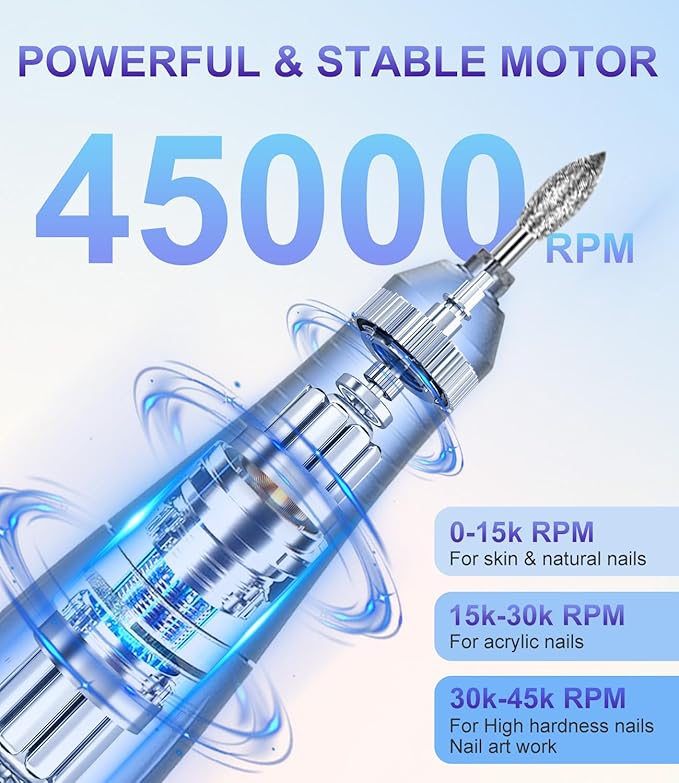Portable Nail Drill Professional 45000 RPM, Rechargeable Electric Nail File Machine E File for Acrylic Gel Polishing Removing, Cordless E-File with Bits Kit for Manicure Salon Home