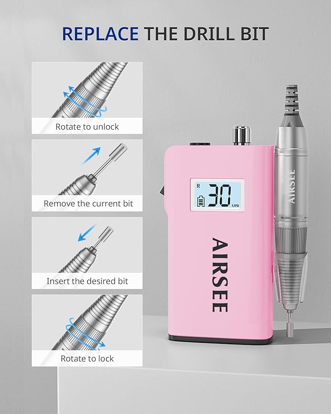 AIRSEE Rechargeable 30000RPM Electric Nail Drill Professional Portable E File Machine for Acrylic Nail Natural Extension Gel Nails Polish Cuticle, Cordless High Speed for Salon Home Use E8 Pink