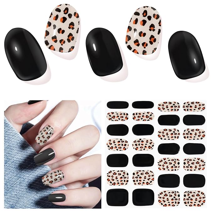 Semi Cured Gel Nail Strips (Black Leopard Print), 28 pcs Gel Nail Stickers, Work with Any UV Lamps, Long-Lasting NailWraps for Women, Salon Quality, Easy to Apply & Remove, Nail Art DIY