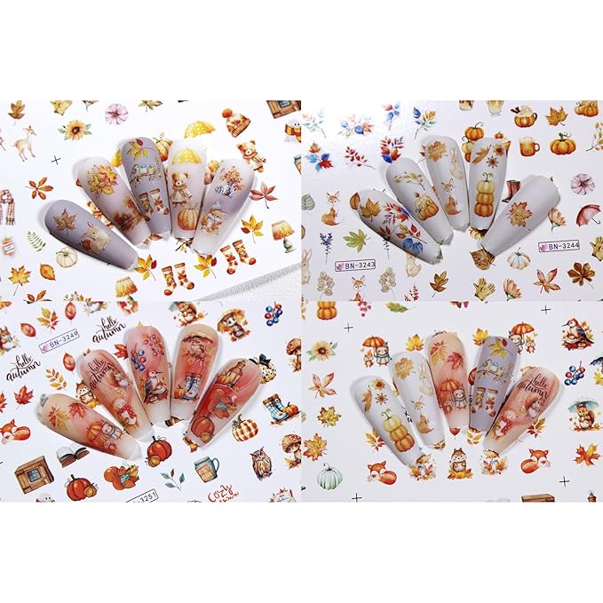 12 Sheet Fall Nail Art Stickers Decals Water Transfer Nail Stickers Maple Leaves Nail Stickers for Nail Art with Little Bear Squirrel Design Autumn Manicure Decoration for Women Nails Supplies