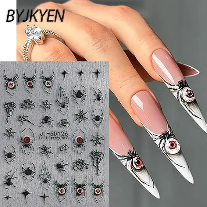 Spider Ghost Nail Stickers for Nail Art, Halloween Cute Spider Web Crystal Diamond Spider Design Nail Decals 3D Self-Adhesive Halloween Nail Art Stickers Holiday Nail Decoration for Women 6Sheets