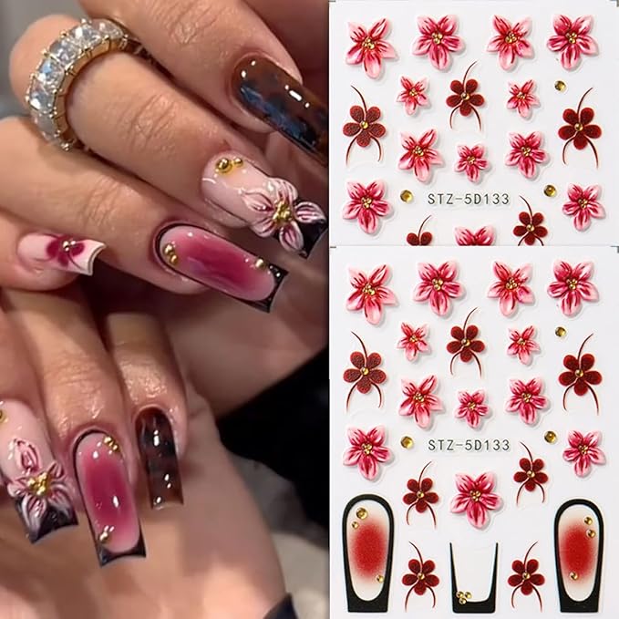 Fall Nail Stickers Flowers Nail Decals 5D Self-Adhesive Embossed Flower French Tip Design Nail Art Sticker Autumn Holiday Manicure DIY Acrylic Decoration for Women Party Nails