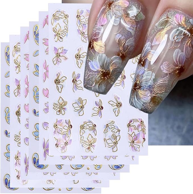 Flower Nail Stickers 3D Elegant Floral Nail Art Decal 6PCS 3D Self-Adhesive Japanese Style Colored Flowers Petals Nail Decals Flower Manicure Stickers Supply for Summer Fall DIY Nail Art Decorations