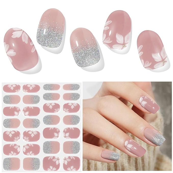 Semi Cured Gel Nail Strips, Pink ice Flowers | 28 pcs Gel Nail Strips Work with Any UV Lamp, Salon Quality UV Nails Stickers, Easy to Apply for Home Nails DIY