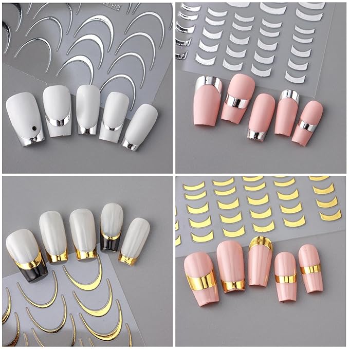 French Line Nail Art Stickers Decals, 4Pcs Gold Silver French Nail Decals 3D Metal Curve Stripe Wave Lines Nail Design French Nail Supplies for Nails Adhesive Sticker Slider DIY Manicure Accessories