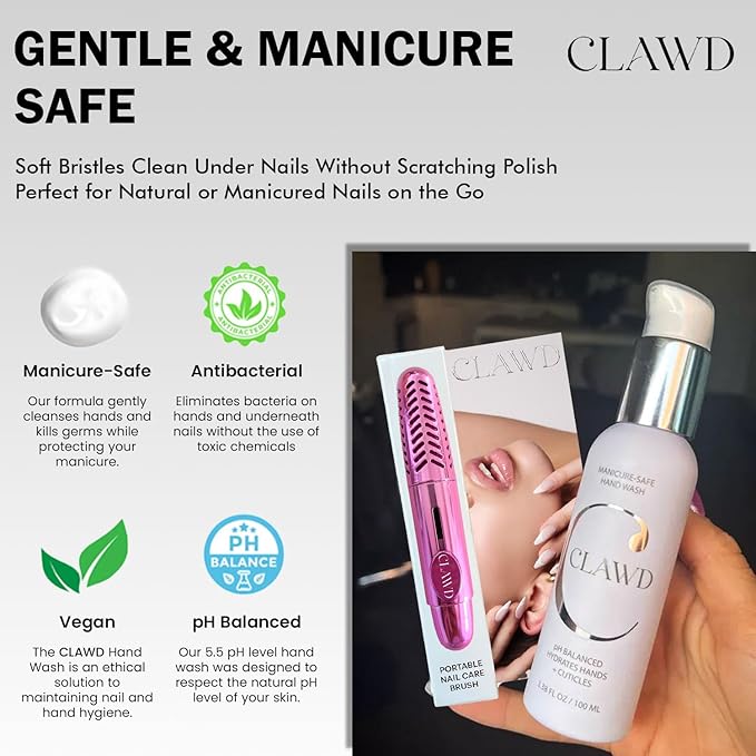 Pink Nail Brush for Cleaning Fingernails & Manicure Safe Antibacterial Hand Wash – Portable Soft Bristle Nail Scrubber with Keychain with 100ml Moisturizing Hand Soap