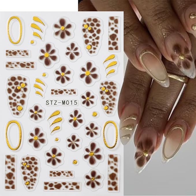 2 Pcs Leopard Print Nail Stickers Fall Decals for Nial Art French Nail Art Design 5D Embossed Brown Flower Nail Supplies Golden Circle Nail Art Accessories for Women Autumn DIY Manicure Decoration