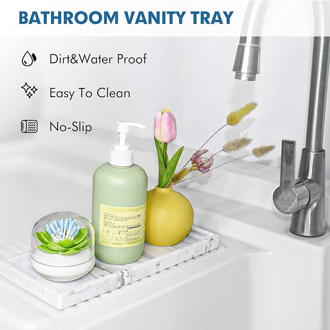 Bloss Small Bathroom Vanity Tray with Soap Dish, 8 x 4 inch Silicone Marble Tray for Kitchen Counter,Toilet Tank Storage,Perfume Trays for Dresser, Jewelry, Candle, Key