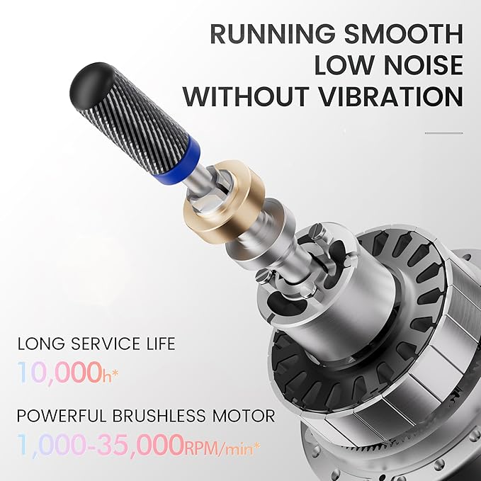 L'UGX Professional Nail Drill, Waterproof 35000RPM Brushless Nail Drill Machine, Rechargeable Nail Efile for Acrylic Gel Nails, Low Noise and Low Vibration, White