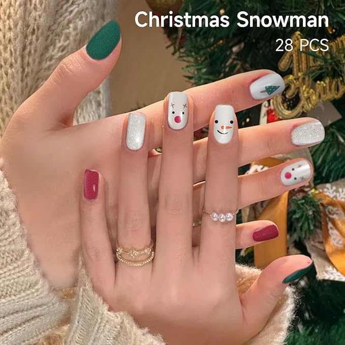 Semi Cured Gel Nail Strips, 28 Pcs Christmas Snowman Gel Nails Stickers, Nail Wraps for Women UV Light Needed
