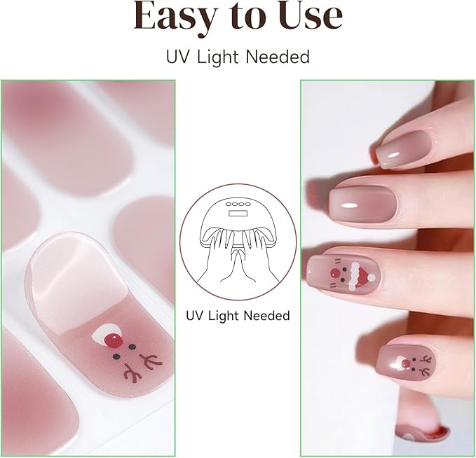 Semi Cured Gel Nail Strips, 28 pcs Christmas Elk Gel Nail Stickers Full Nails Wraps for Women, Long Lasting UV Nail Strips for Home DIY Nails Art UV Light Require
