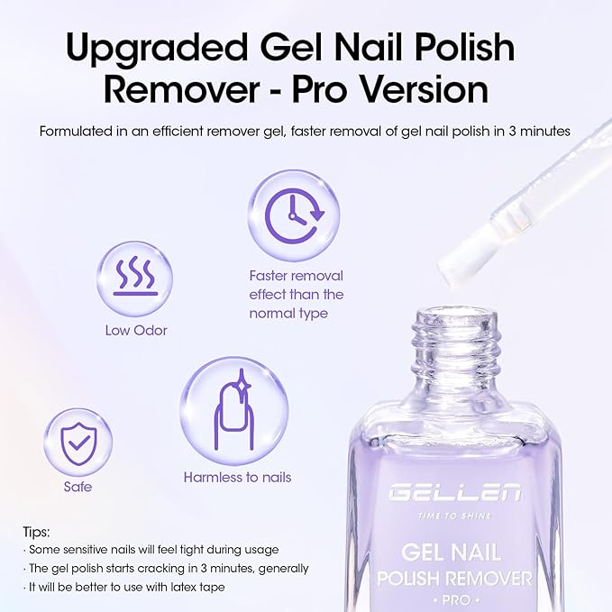 Gellen Gel Nail Polish Remover, (2pcs) Gel Polish Remover for Nails, No Need Foil, Quickly & Easy Polish Remove in 2-5 Minutes, No Need Soaking 18ml Gel Nail Remover Pro